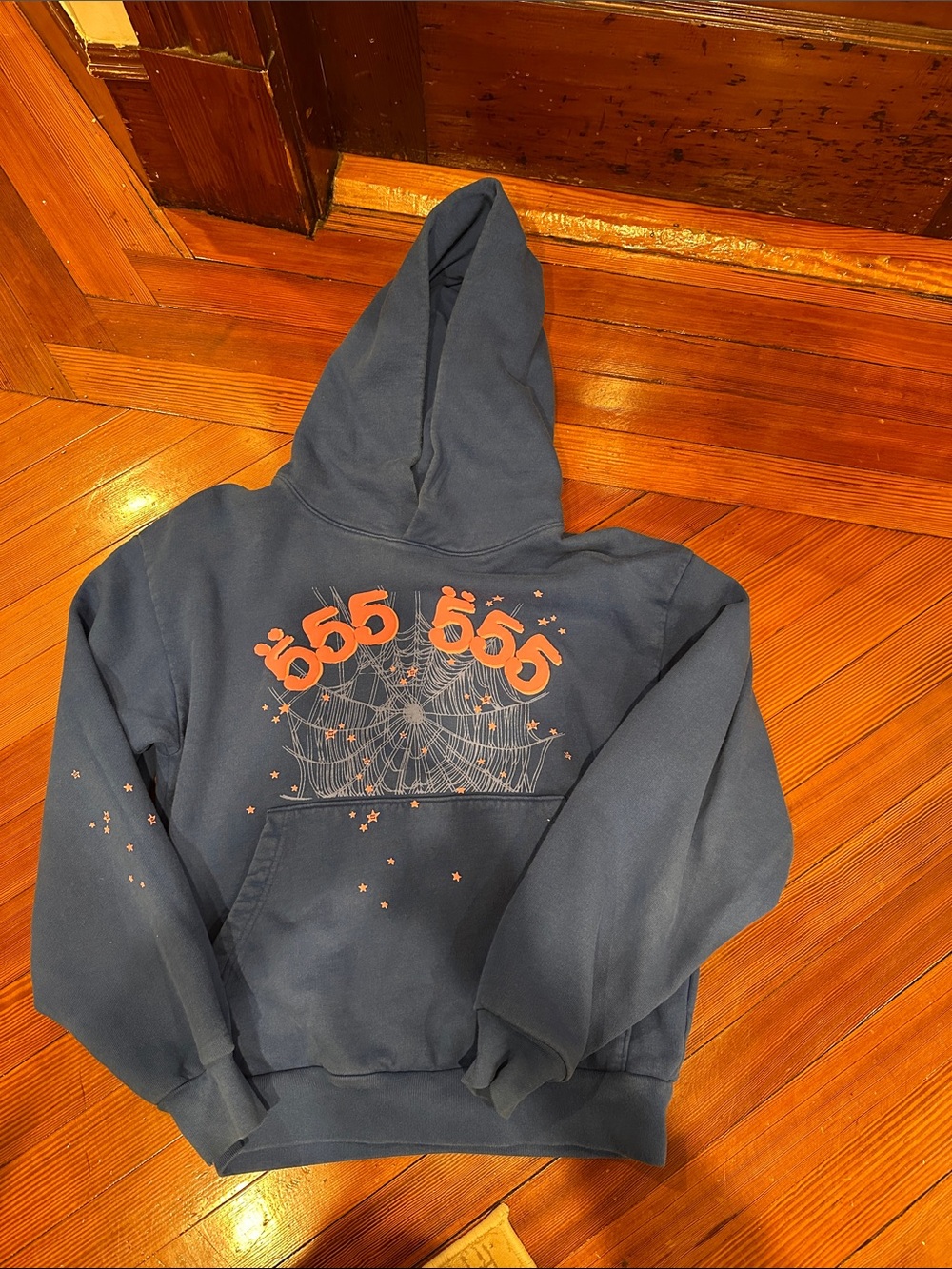 Mens Blue Sp5der Graphic Hoodie with pink Print